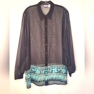 JM Collection Sheer Blouse XL Black with Turquoise Detail Excellent 🖤